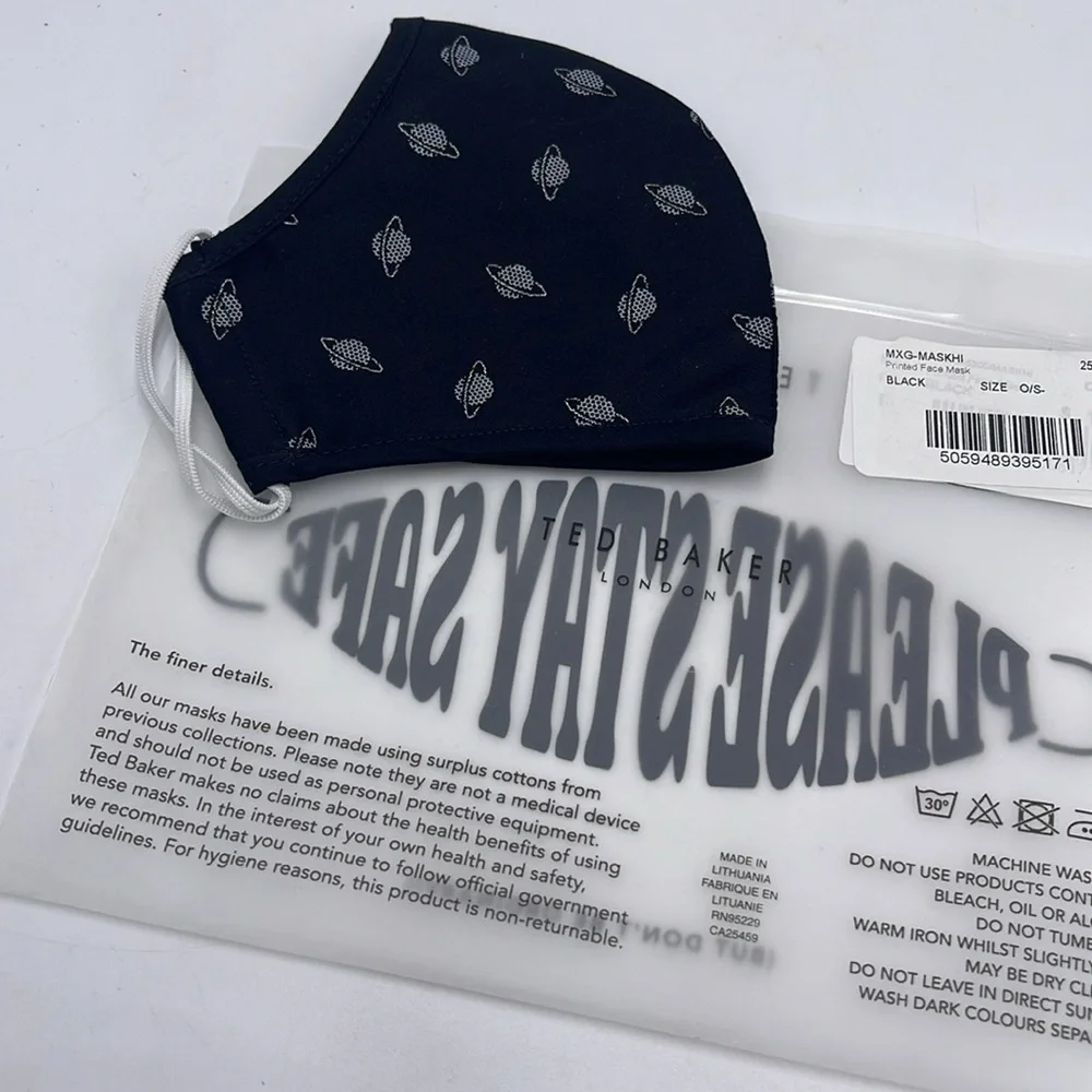 Black Patterned Face Mask TED BAKER LONDON Reversible Reusable FACE MASK  NWT